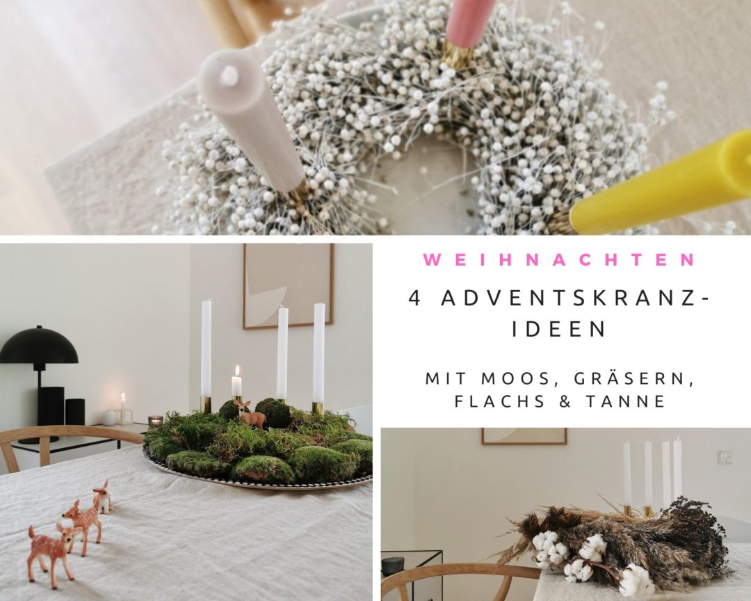 4 Adventskranz-Ideen mit Moos, weißem Flachs, Gräsern und frischem Grün | mammilade.com